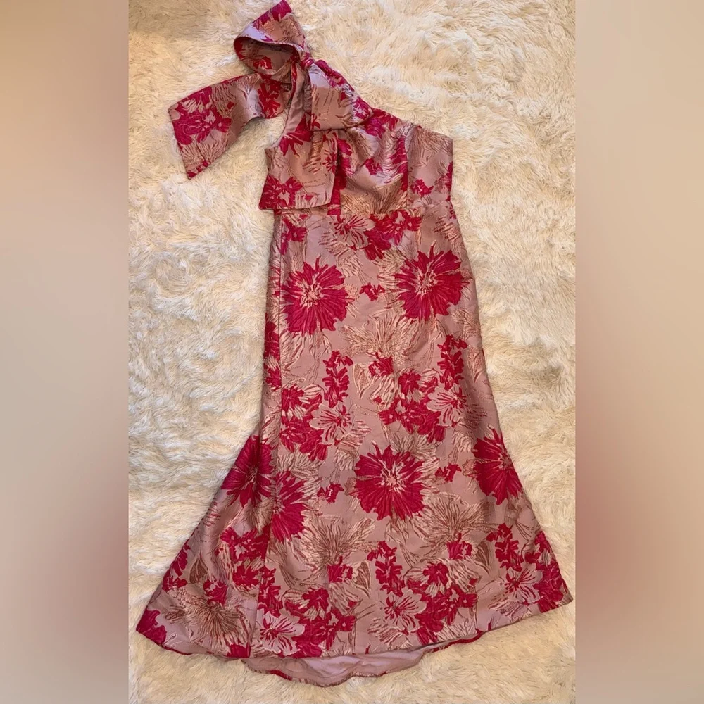 NEW ALFRED SUNG One-Shoulder Bow Pink Metallic Floral Jacquard Trumpet Gown 12 - Picture 3 of 7